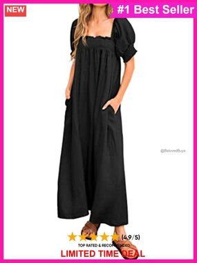 Women's Maxi Dress Square Neck Puff Sleeve Flowy Sundress